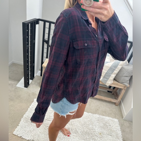 Paige red & blue Plaid Button Down Flannel blouse country western winter fall M - Picture 4 of 9